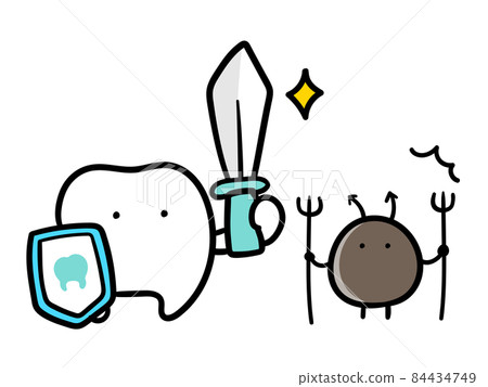 一個可愛的牙齒字符戰鬥蛀牙的手寫風格插圖 84434749