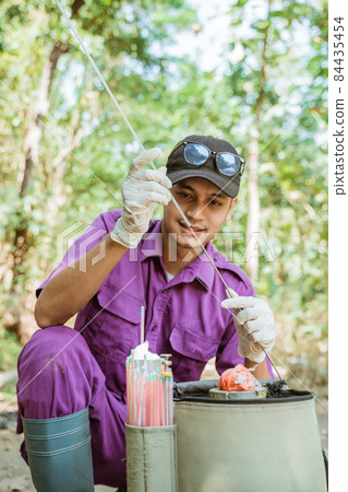 veterinarians are preparing the tools for artificial insemination of cow. 84435454