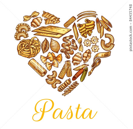 Italian pasta sketch heart. Italian food restaurant emblem, pasta meals menu hand drawn vector cover with tagliatelle, conchiglie and farfalle, penne, eliche and tortiglione, stelle, kanelone pasta Italian pasta sketch heart. Italian food restaurant emblem, pasta meals menu hand drawn vector cover with tagliatelle, conchiglie and farfalle, penne, eliche and tortiglione, stelle, kanelone pasta 84435748