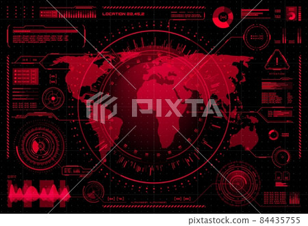 HUD ui, futuristic user interface and infographics with danger, warning, hacking, viruses or trojan alert signs. Red vector hologram of dashboard panel digital screen with world map and graphs 84435755