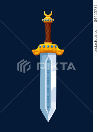 Magical cartoon steel sword blade with golden hilt, vector warrior dagger icon. Medieval sword, knight weapon or knife blade, sword or royal warrior dagger with golden handle for game 84435785
