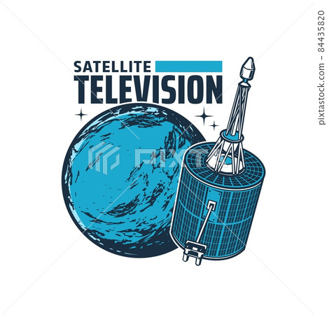 Telecommunication satellite vector icon. Broadcast dish in space with antenna. Television and radio communication broadcasting channel satellite with radar or navigation space station 84435820