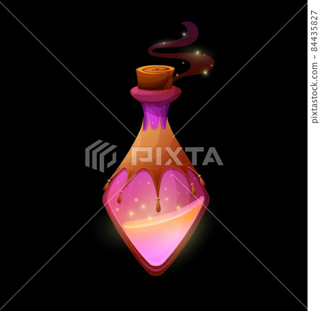 Potion bottle with magic sand, vector flask with elixir, golden dust with glowing sparkles and swirled wooden bung. Wizard fairy spell in glass jar, gui cartoon design element, isolated witch poison 84435827