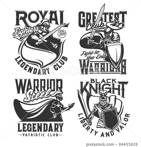 Tshirt prints with knights and swords vector mascots for fighter or patriotic club. Medieval warrior in helmet and cape attack. T shirt prints design with typography, isolated monochrome labels set 84435828