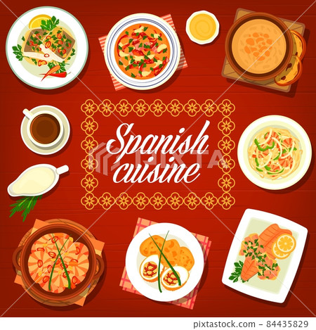 Spanish cuisine food Spain dishes traditional meal, vector restaurant menu cover. Spanish cuisine food, coffee drinks and tapas, noodle paella fideua with seafood, garlic soup and cod fish 84435829