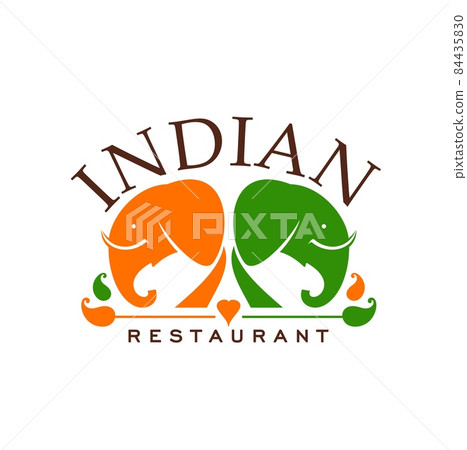 Indian cuisine restaurant icon with orange and green elephants heads, chili peppers. Indian food cafe or restaurant vector graphic emblem or icon with animals and hot spice or seasoning 84435830