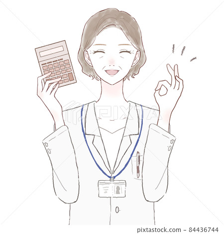 A middle-aged female doctor who holds a calculator and gives an OK sign 84436744