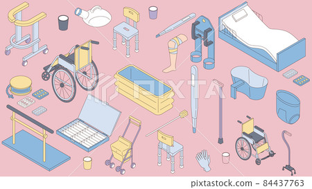 A set of isometric illustrations of goods used for seniors and long-term care 84437763