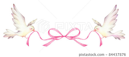 Two white birds with pink ribbons hand-painted colored pencil drawings 84437876