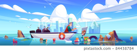 Ocean polluted water cleanup, city eco pollution 84438784