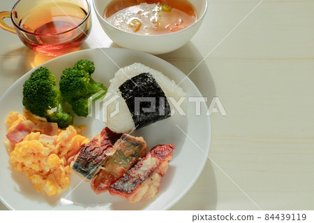 一盤飯，上面有飯糰。右邊有一個文本空間 84439119