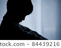 孩子坐下垂的外形剪影 84439216