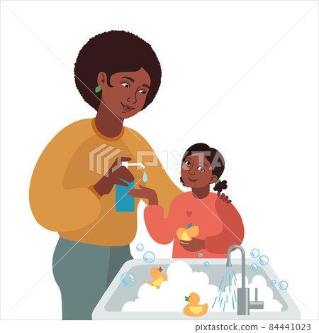 Mother washes the girls hands with liquid soap. Vector illustration African american mom and daughter. Wash your hands and be healthy 84441023