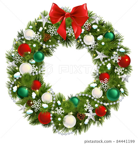 Vector Christmas Pine Fluffy Wreath with Red Bow Vector Christmas Pine Fluffy Wreath with Red Bow 84441199