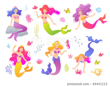Mermaid cartoon characters flat vector illustrations set Mermaid cartoon characters flat vector illustrations set 84441215