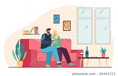 Male and female cartoon characters sitting on couch and drinking 84441313