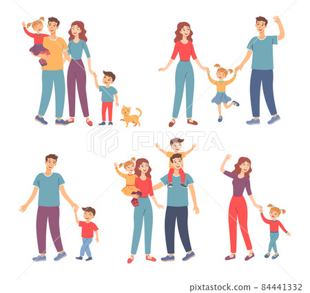 Happy family walking together outdoors set 84441332