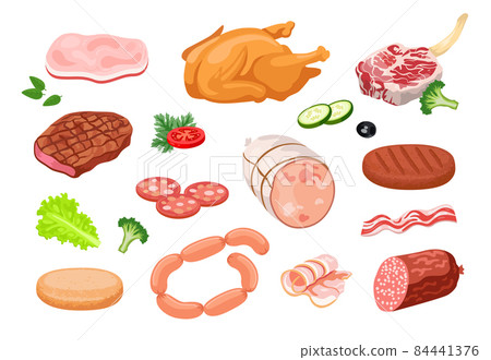 Different meat products cartoon vector illustrations set 84441376