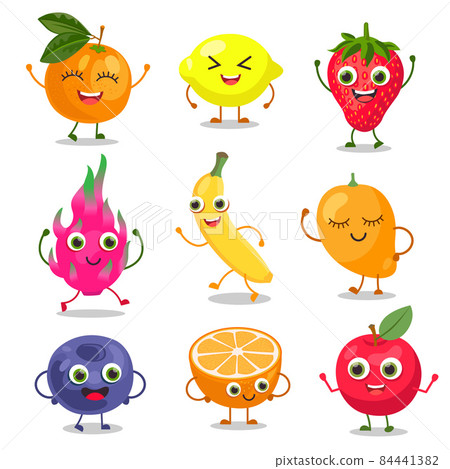 Cute fruit and berry cartoon characters vector illustrations set Cute fruit and berry cartoon characters vector illustrations set 84441382