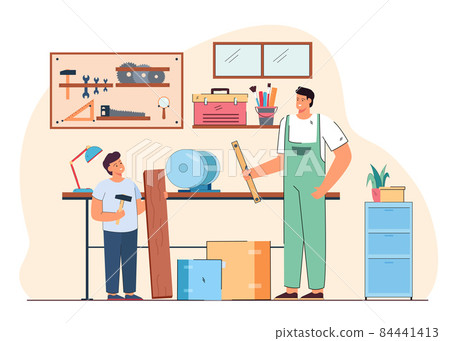 Carpenter father teaching son carpentry in workshop Carpenter father teaching son carpentry in workshop 84441413