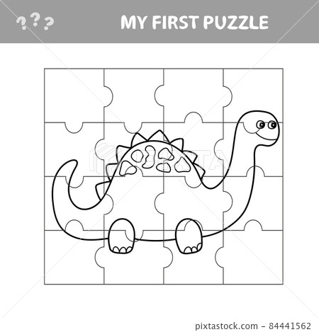 Cute puzzle game. Vector illustration of puzzle game with happy cartoon dino 84441562
