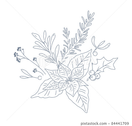 Winter bouquet with holiday decor plants mistletoe, fir tree branches, holly berry isolated. Winter bouquet with holiday decor plants mistletoe, fir tree branches, holly berry isolated. 84441709