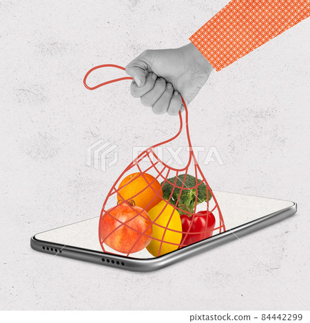 Contemporary art collage of man holding string bag with fruits and vegetables appearing from phone screen isolated over white background 84442299