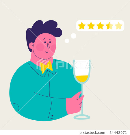 Single illustration from a set of white wine tasting. Cute man appreciates white wine. Vector trendy isolated illustrations for design. 84442971