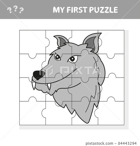 Vector puzzle game for children. Puzzle with wolf. Jigsaw game for kid. 84443294