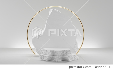 3D white stone podium display. Pedestal with abstract geometric arch and golden round frame. Blank stage for cosmetics, beauty product promotion mockup. Natural rough grey rock, 3D render illustration 3D white stone podium display. Pedestal with abstract geometric arch and golden round frame. Blank stage for cosmetics, beauty product promotion mockup. Natural rough grey rock, 3D render illustration 84443494