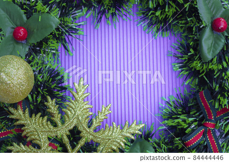 Christmas background with fir tree and decor. Top view with copy space Christmas background with fir tree and decor. Top view with copy space 84444446