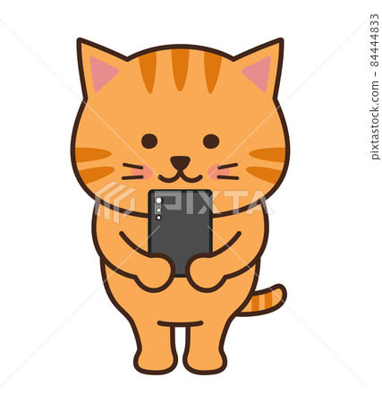 一隻可愛的貓與智能手機的插圖 84444833