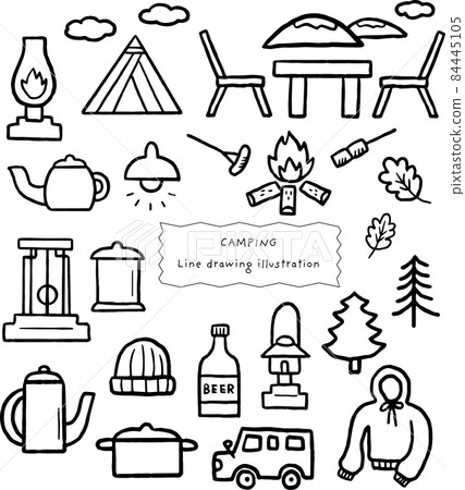 Illustration material of camping equipment, line drawing only 84445105