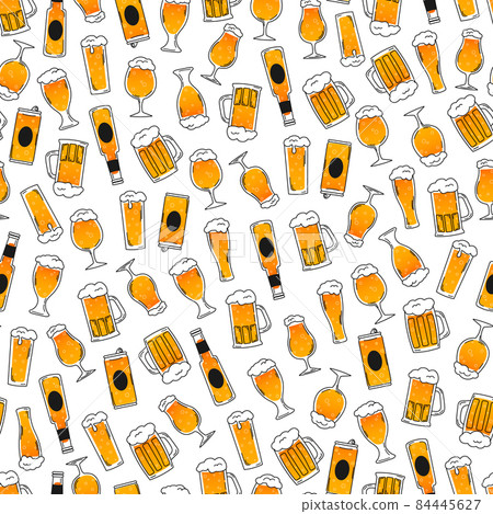 Beer seamless pattern with glasses, bottles, cans and jugs of beer, ornament for brewery design or pub menu 84445627