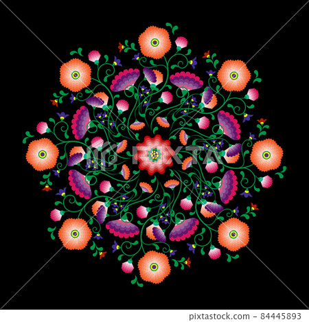 Embroidery mandala flowers folk pattern with Polish and Mexican influence. Trendy ethnic decorative traditional floral in symmetric design, for fashion, interior, stationery. Vector isolated on black Embroidery mandala flowers folk pattern with Polish and Mexican influence. Trendy ethnic decorative traditional floral in symmetric design, for fashion, interior, stationery. Vector isolated on black 84445893