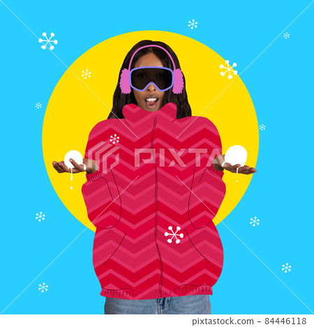 Modern design, contemporary art collage. Inspiration, idea, trendy urban magazine style. Girl wearing warm winter clothes Modern design, contemporary art collage. Inspiration, idea, trendy urban magazine style. Girl wearing warm winter clothes 84446118