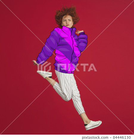 Modern design, contemporary art collage. Inspiration, idea, trendy urban magazine style. Jumping girl in drawn warm clothes in cold weather Modern design, contemporary art collage. Inspiration, idea, trendy urban magazine style. Jumping girl in drawn warm clothes in cold weather 84446130