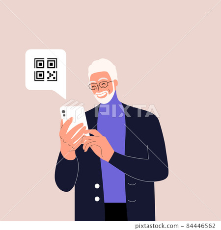 Cute old man holding smartphone with QR sign. Concept of electronic id, identification, vaccine passport or certificate, QR verification, online shopping. Flat vector illustration for UI, app. Eps 10. 84446562