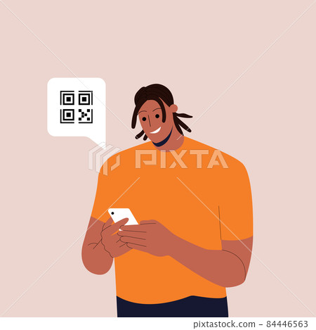 Black man holding smartphone with QR sign. Concept of electronic id, identification, vaccine passport or certificate, QR verification, online shopping. Flat vector illustration for UI, app. Eps 10. 84446563