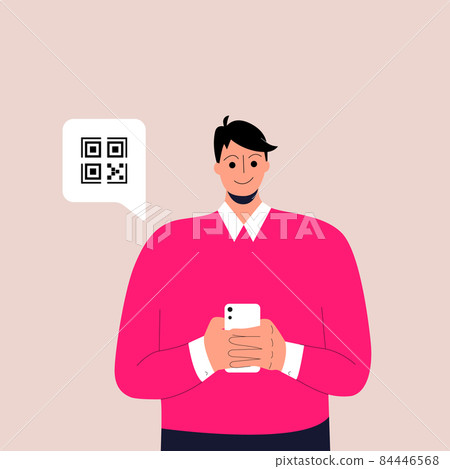 Man holding smartphone with QR sign. Concept of electronic id, identification, vaccine passport or certificate, QR verification, online shopping. Flat vector illustration for UI, app. Eps 10. Man holding smartphone with QR sign. Concept of electronic id, identification, vaccine passport or certificate, QR verification, online shopping. Flat vector illustration for UI, app. Eps 10. 84446568