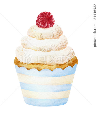 Watercolor delicious cupcake with fresh raspberry isolated on white background. 84446582
