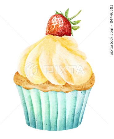 Watercolor delicious cupcake with fresh strawberry isolated on white background. Watercolor delicious cupcake with fresh strawberry isolated on white background. 84446583