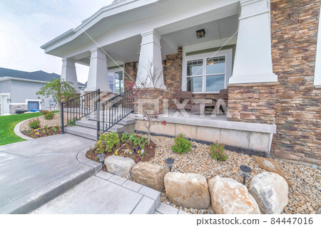 Traditional contemporary home exterior with front yard landscape Traditional contemporary home exterior with front yard landscape 84447016