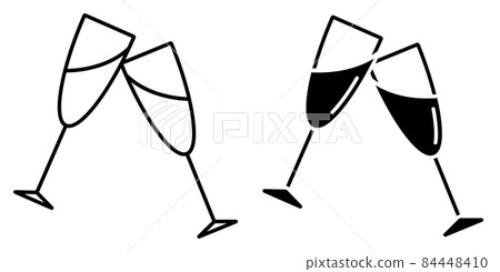 Linear icon. Glasses with festive sparkling champagne. Cheers with glasses at New Year table. Simple black and white vector isolated on white background 84448410