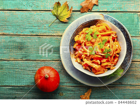 Meat salad with pumpkin,copy space Meat salad with pumpkin,copy space 84448602