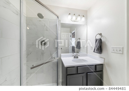 Bathroom interior with vanity sink and corner shower stall 84449481