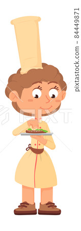 Chef kid seasoning food. Girl holding dish on serving plate 84449871