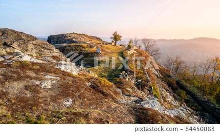 Kalich medieval castle ruins on the mountain summit 84450083