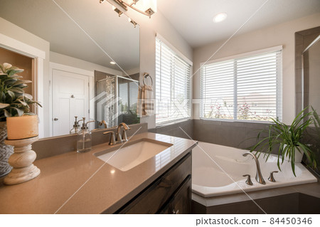 Bathroom with drop in tub and long vanity sink decorated with plants and candles on top Bathroom with drop in tub and long vanity sink decorated with plants and candles on top 84450346
