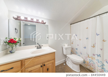Spacious bathroom with vanity sink and closed shower curtain with butterflies' design 84450449
